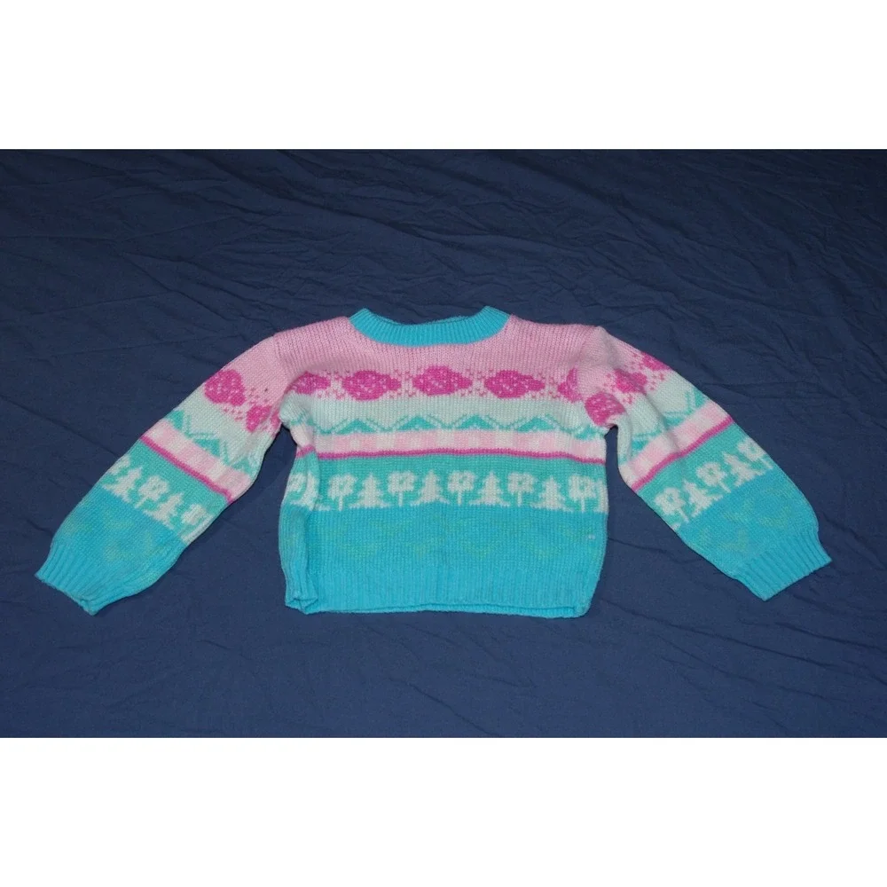 Vintage Baby Girl 80s Sweater Pink Sky Blue 12 Mos Fair Isle‎ Style